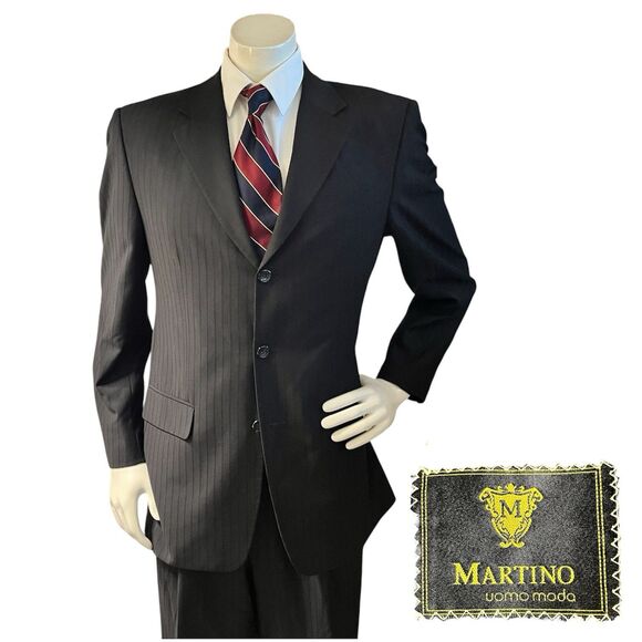 Martino Uomo Moda 2pc Suit Men’s Subtle Black Pinstripe 40R W32xL31 - Picture 1 of 16